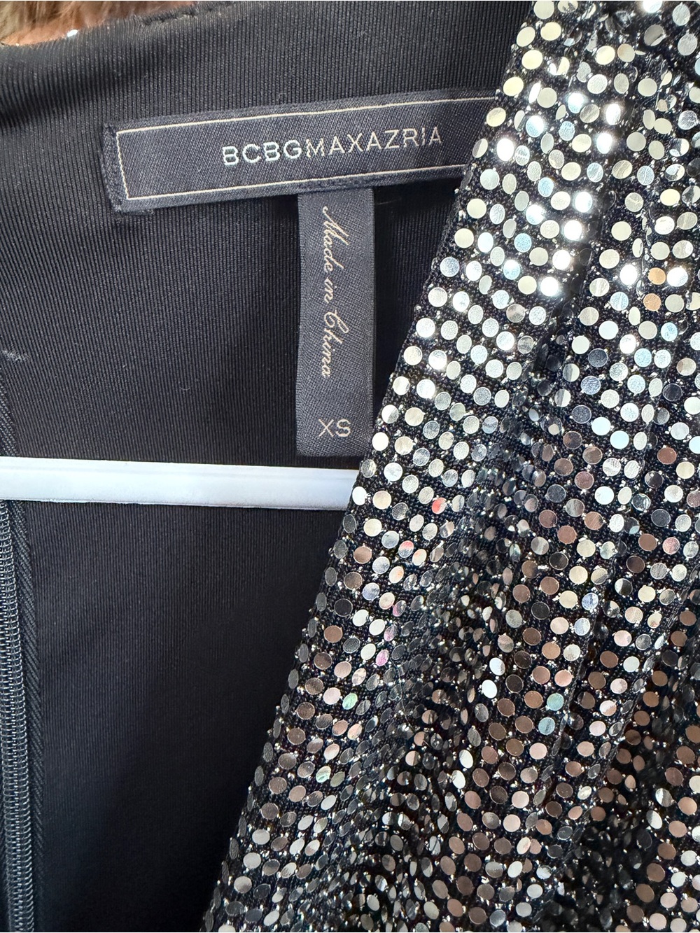 BCBGMaxAzria Metallic Silver Sequin V-Neck Long Sleeve Dress - Picture 3 of 3